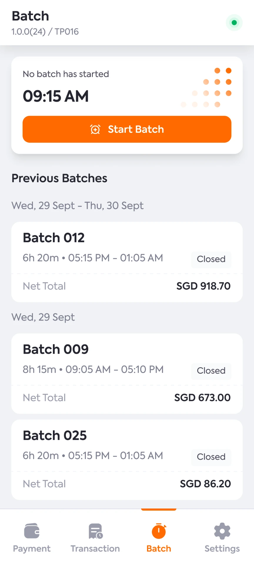 Merchant batch screen showing previous closed batches and net totals