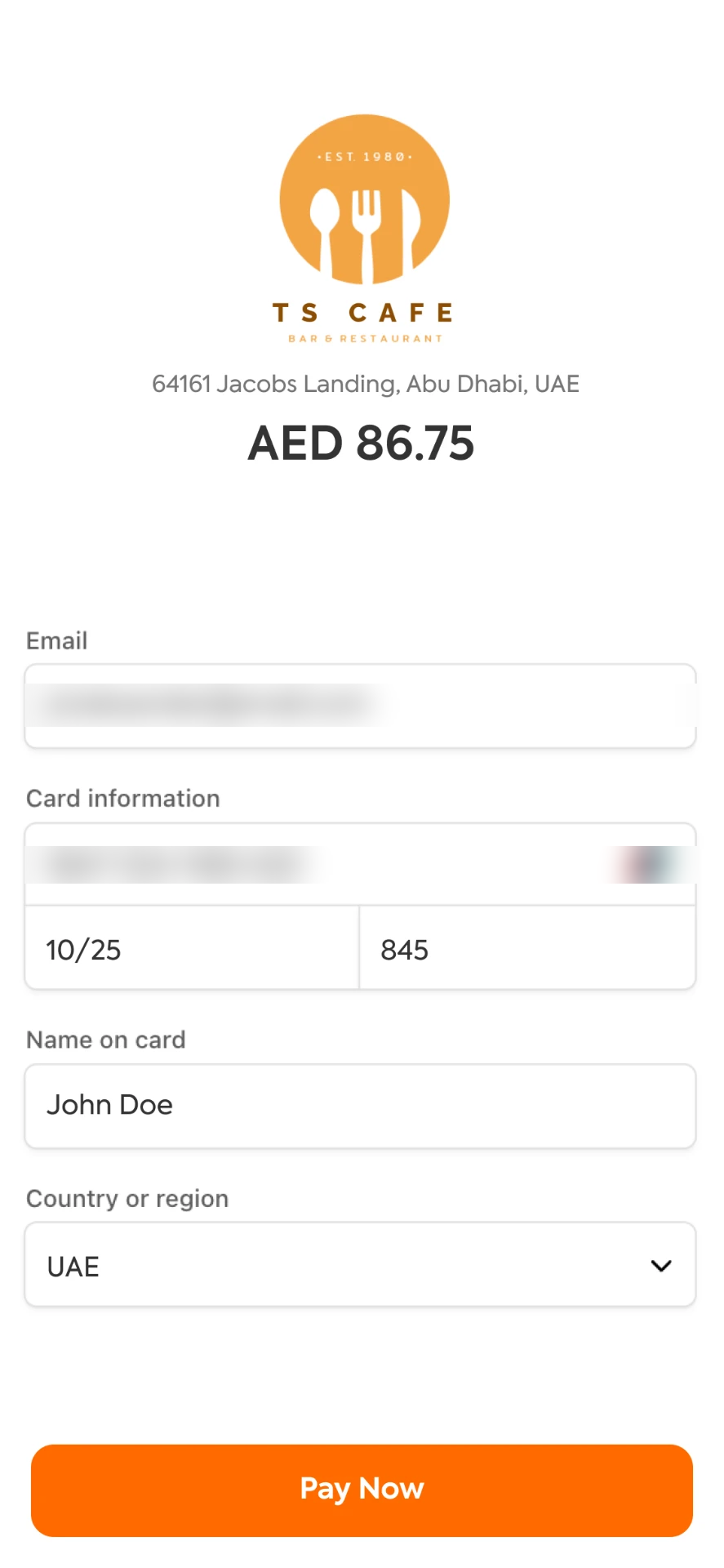 Guest payment form with card entry, expiry and CVC