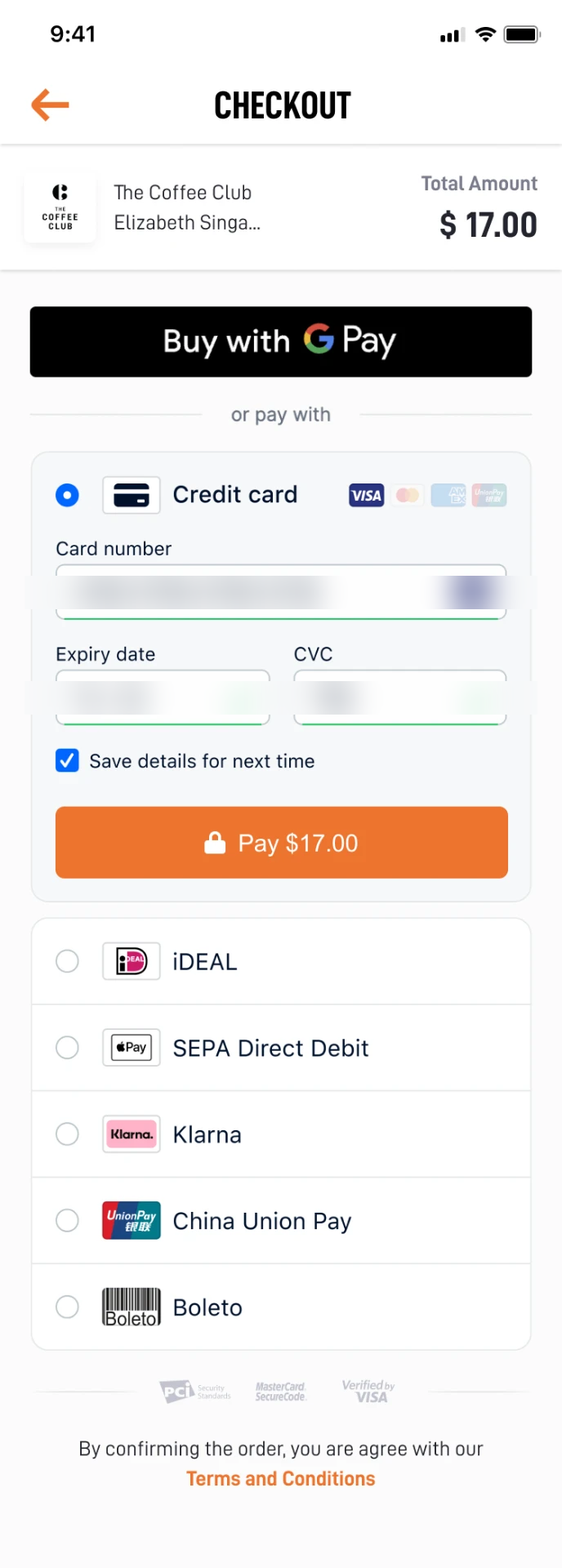 Checkout screen offering Google Pay alongside card, iDEAL, SEPA, Klarna, UnionPay and Boleto