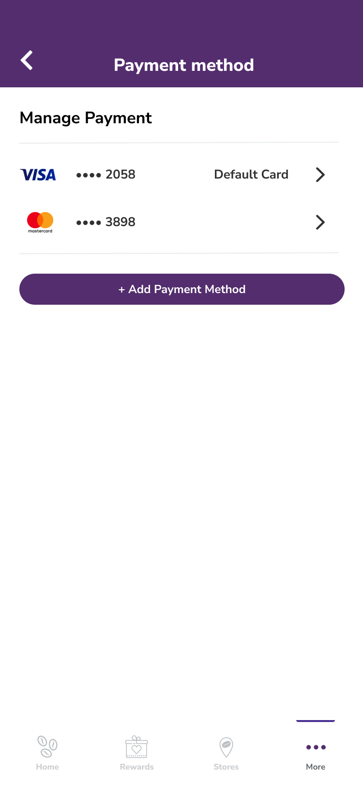 Stored payment methods screen showing default card selection