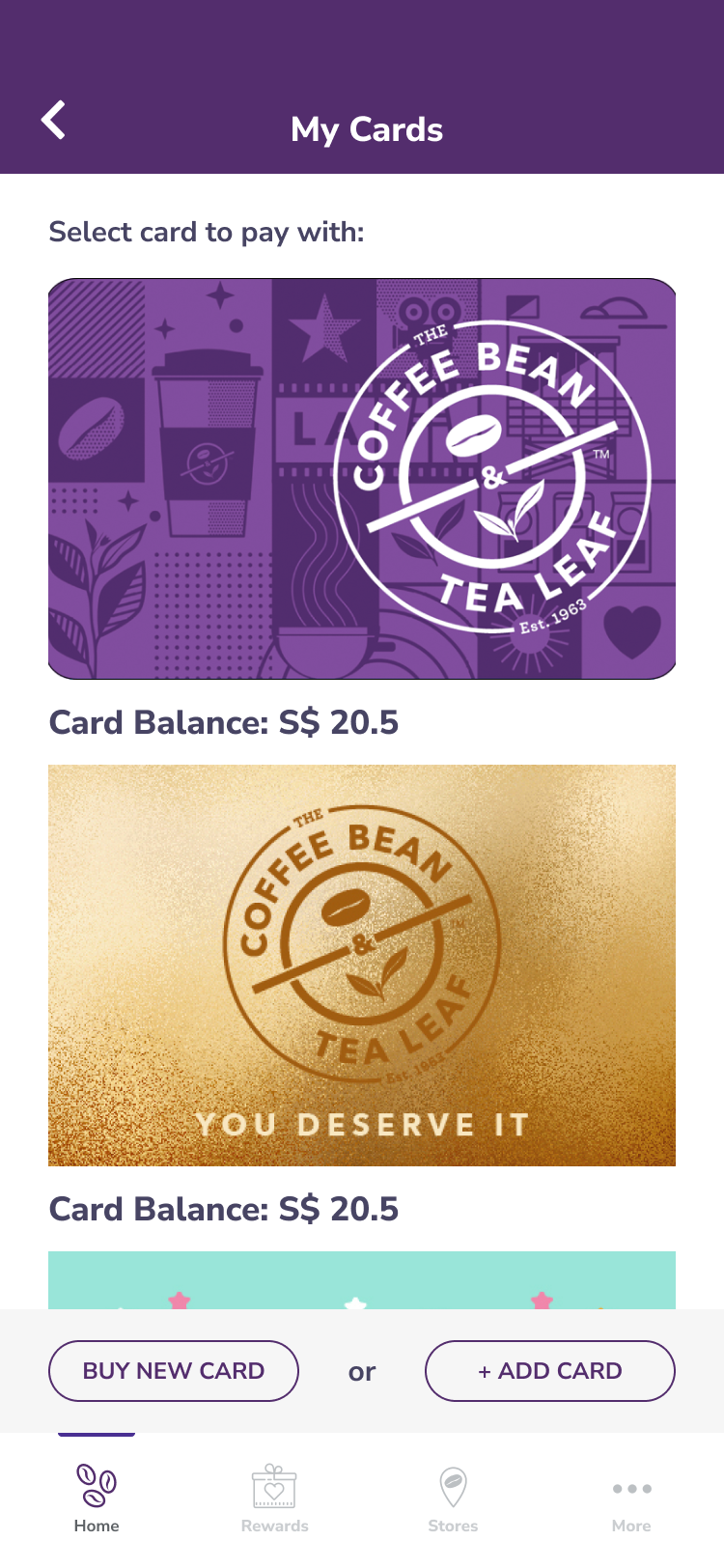 Consumer wallet screen showing stored-value cards and balances