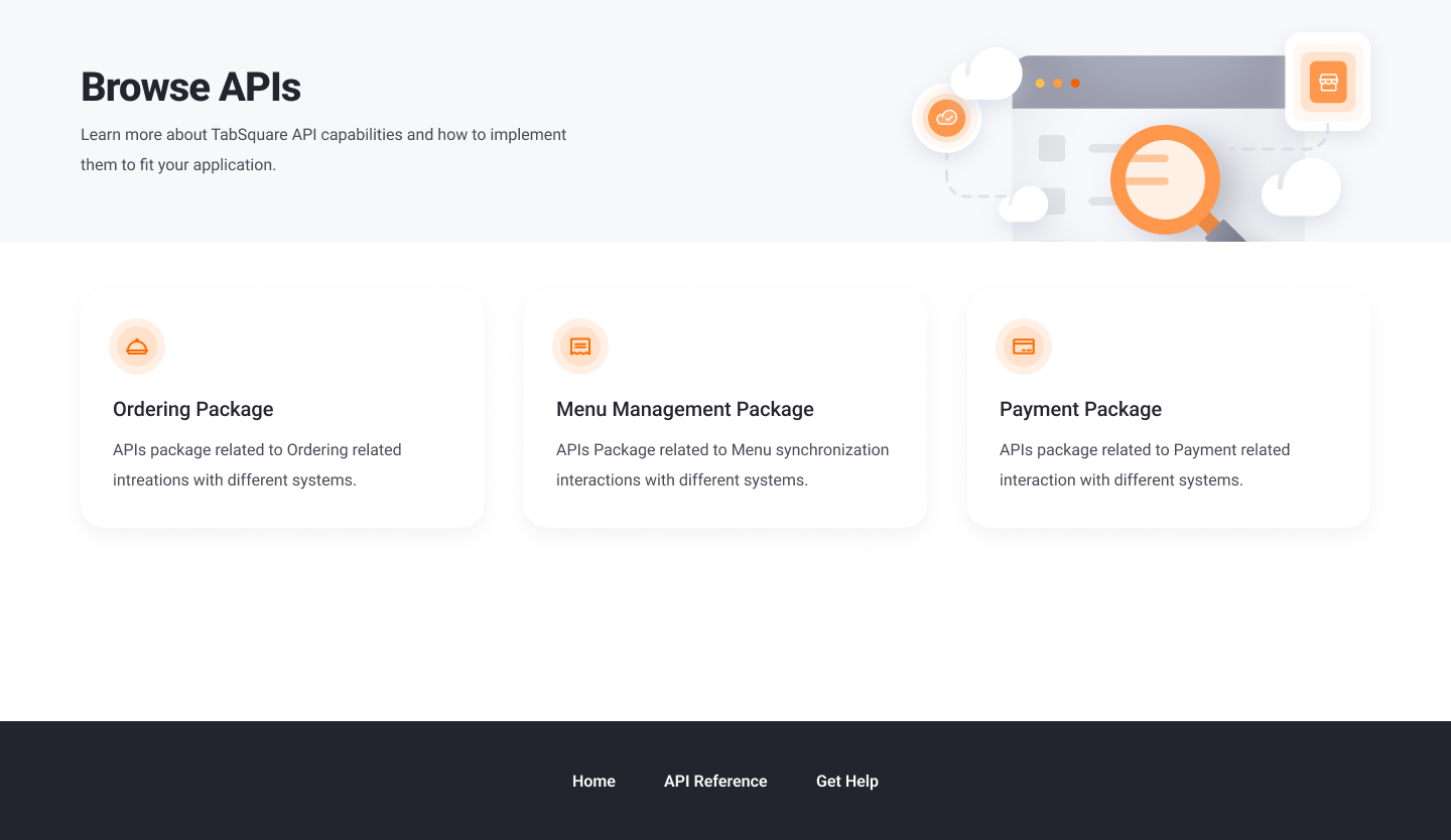 TabSquare developer portal showing ordering, menu management, and payment API packages