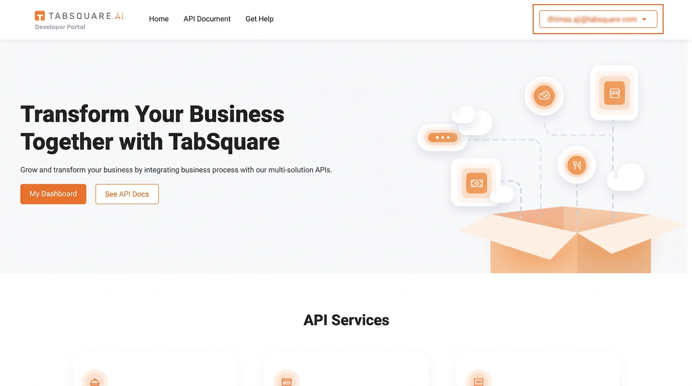 TabSquare developer portal home showing API services