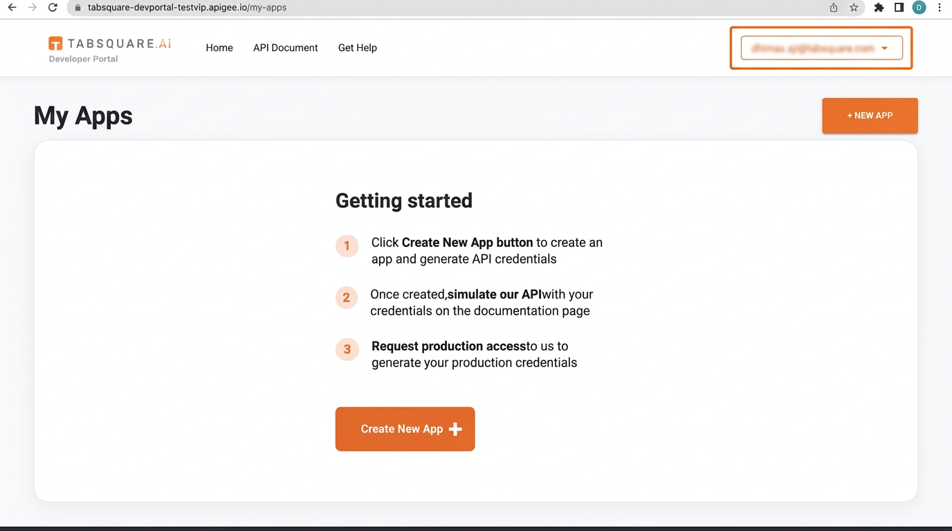 TabSquare developer portal application creation and credential onboarding screen
